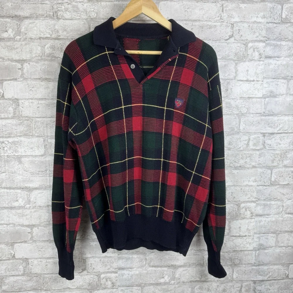 Vintage POLO RALPH LAUREN Scottish Red Tartan Plaid Heritage'Sweater Shield Logo